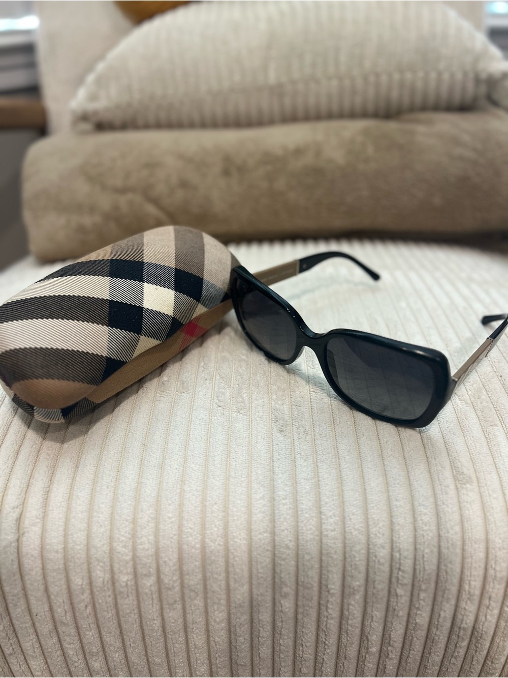Burberry Black Rectangular Sunglasses with Signature Check Case